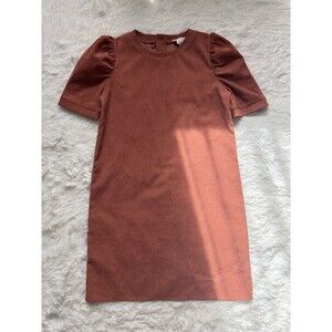 Molly Bracken XS Corduroy Shift Dress Chocolate Brown Puff Sleeve Mini Retro